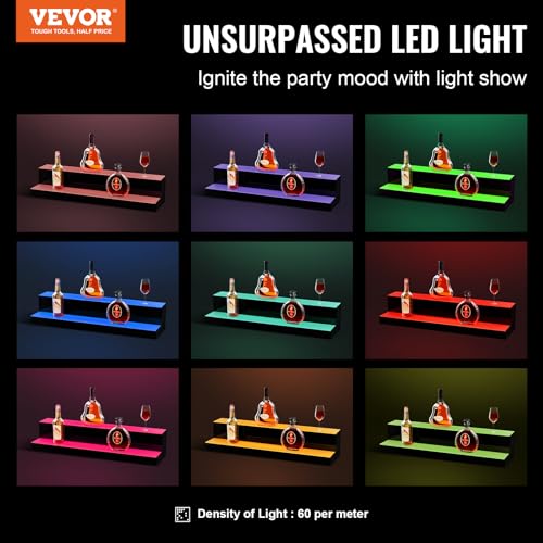 Image of VEVOR LED Lighted Liquor Bottle Display, 2 Tiers 30 Inches, Supports USB, Illuminated Home Bar Shelf with RF Remote & App Control 7 Static Colors 1-4 H Timing, Acrylic Lighted Shelf for 16 Bottles