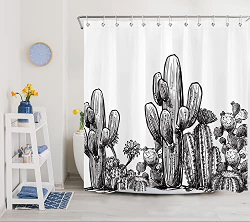 Lb Tropical Cactus Plant Shower Curtain Black And White Bath Curtain Desert Prickly Succulent Saguaro Vintage Bathroom Curtains Set With Hooks, 70X 70Inch Waterproof Fabric #TOP1