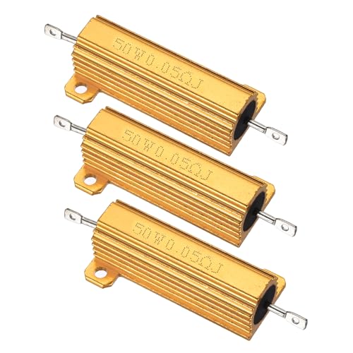 PATIKIL 50W 0.05 Ohm Aluminum Shell Resistor, 3Pcs Aluminum Housing Resistor, 5% Tolerance Wirewound Resistors Screw Tap Chassis Mounted, Golden
