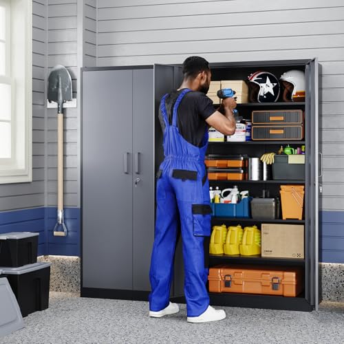 Image of Yizosh Metal Garage Storage Cabinet with 2 Doors and 5 Adjustable Shelves - 71 inch Steel Lockable File Cabinet,Locking Tool Cabinets for Office,Home,Garage,Gym,School (Gray Black)