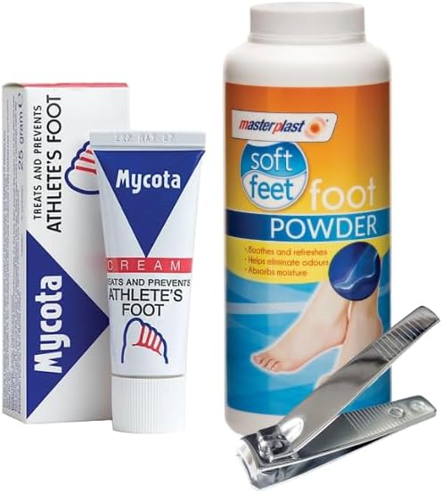 Wilosc Athletes Foot Treatment Antifungal Cream & Powder Foot Care Bundle, Includes Mycota Athletes Foot Cream 25G & Value Health Antifungal Athletes Foot Powder 75G Plus Nail Clippers