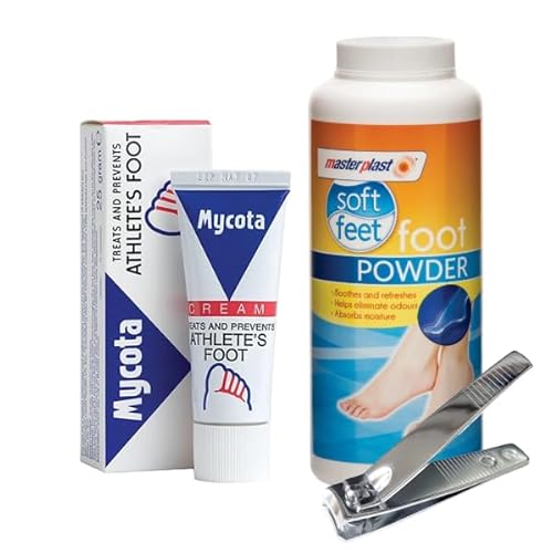 Athletes Foot Treatment Antifungal Cream & Powder Foot Care Bundle, Includes Mycota Athletes Foot Cream 25G & Masterplast Athletes Foot Powder 170G Plus Nail Clippers