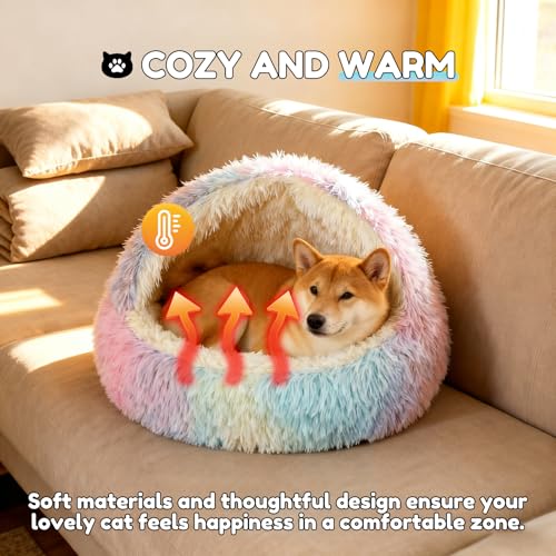 SUOXU Beruhigendes kleines Hundebett, großes Katzenbett, warmes, kuscheliges Plüsch-Winterbett für Hunde, rutschfeste Unterseite, maschinenwaschbar, Anti-Angst-Haustier-Sofa mit Kapuze für Katzen