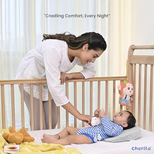 Image of Cherilo C Shaped Elevated Wedge Pillow for Baby Crib & Mattress, Elevate Baby to Prevent Acid Reflux, Colic, GERD, Heat Burn & Vomiting | 15 inch x 12 inch x 3 inch | - with Removable Velvet Cover - Grey