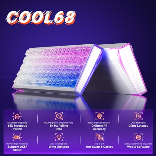 Image of DAREU COOL68 65% Hall Effect Magnetic Switch Gaming Keyboard with 8000Hz Polling Rate,Rapid Trigger,Adjustable Actuation,SOCD,0.1ms Latency,Gasket Mount,Clear keaycaps,Hot swappable,RGB Light