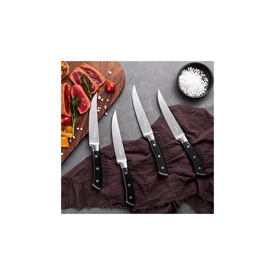 OAKSWARE Steak Knives, Non Serrated Steak Knife Set of 4, German Steel Steak Knife Set 5 Inch, 4 Pieces Professional Straight Edge Knives - Full Tang Ergonomic Handle