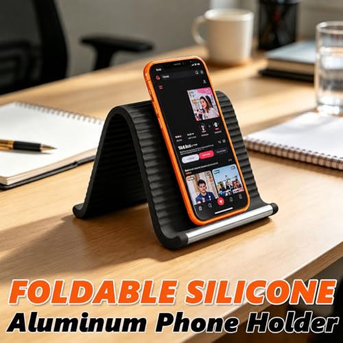 Image of HOUSELY Flexible Silicone Aluminum Phone Stand Foldable Adjustable Mobile Holder Anti Slip Desk Mount Portable Bendable Tablet Support Laptop Stand for Table Travel Office Home - Black