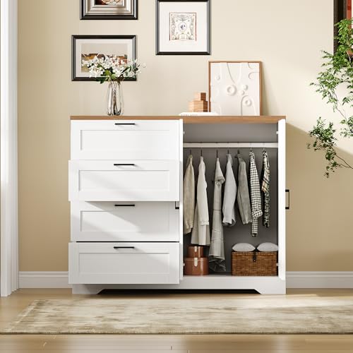 GarveeHome Multifunctional Wooden Dresser for Bedroom, 43.3'' H 2 Door Wardrobe Armoire Closet with 4 Drawers and Hanging Rod, Low Storage Cabinet for Hanging Cloth, White and Brown