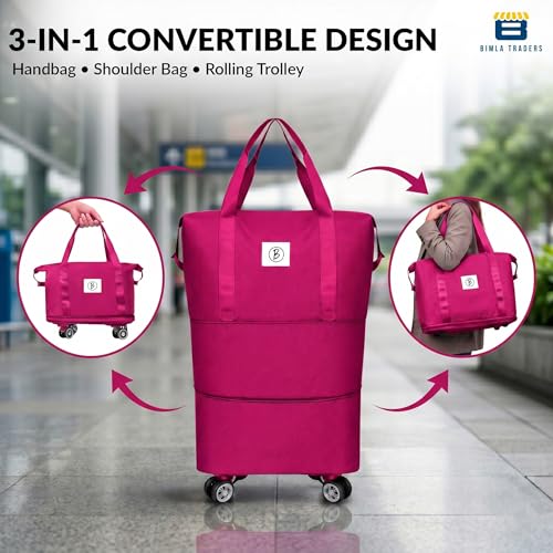 Image of Btag Travel Duffle Bag with Wheels | Convertible Handbag, Trolley & Shoulder Luggage for Clothes | Space-Saving Foldable Travel Companion | Expandable & Waterproof Traveling Bag for Unisex (Magenta)
