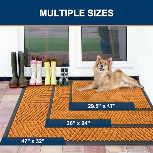 Image of Smiry Front Door Mat Outside Entrance, Heavy Duty Sturdy Natural Rubber Doormat, Trap Dirt and Moisture, Easy Clean Low Profile Mats for Indoor Outdoor Entry, Irregular Triangle (29.5x17, Amber)