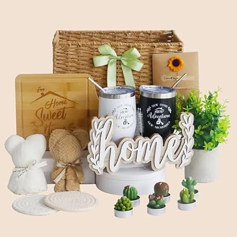 House Warming Gifts New Home, 18 Pcs Housewarming Gifts Basket New Home Gift Ideas, Faux Plants Scented Candles Home Sweet Home Bamboo Cutting Board for Couple Women Men, Closing Gifts for Home Buyers Cover
