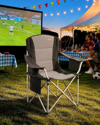 Image of VEVOR Oversized Camping Folding Chair, Portable Heavy Duty Outdoor Quad Lumbar Back Padded with Side Pockets, Cup Holder and Cooler Bag for Beach, Lawn, Picnic, Fishing, Backpacking, Black