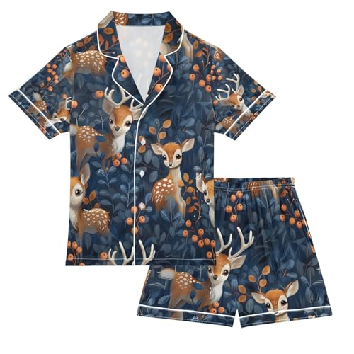 senya Tropical Deer 1 Satin Summer Pajama Sets Silk Short Sleeve Button Down Sleepwear