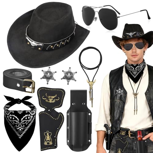 Kyndara 9Pcs Western Cowboy Accessory Set for Men Wild Cowboy Outfit Kit with Hat Necklace Sunglasses Badges Belt Bandana Beer Holster for Adult Carnivals Cosplay Parties