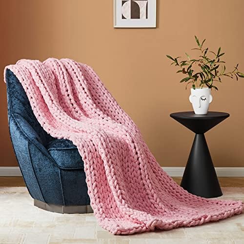 Bedfolks Chunky Knit Blanket Throw - Blush Pink Jumbo Chenille Yarn 100% Hand Knit, Soft and Fluffy Chenille for Couch, Sofa, Bed, Home Decor, 50" x 60"
