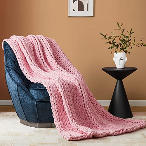 Bedfolks Chunky Knit Blanket Throw - Blush Pink Jumbo Chenille Yarn 100% Hand Knit, Soft And Fluffy Chenille For Couch, Sofa, Bed, Home Decor, 50" X 60" #TOP3
