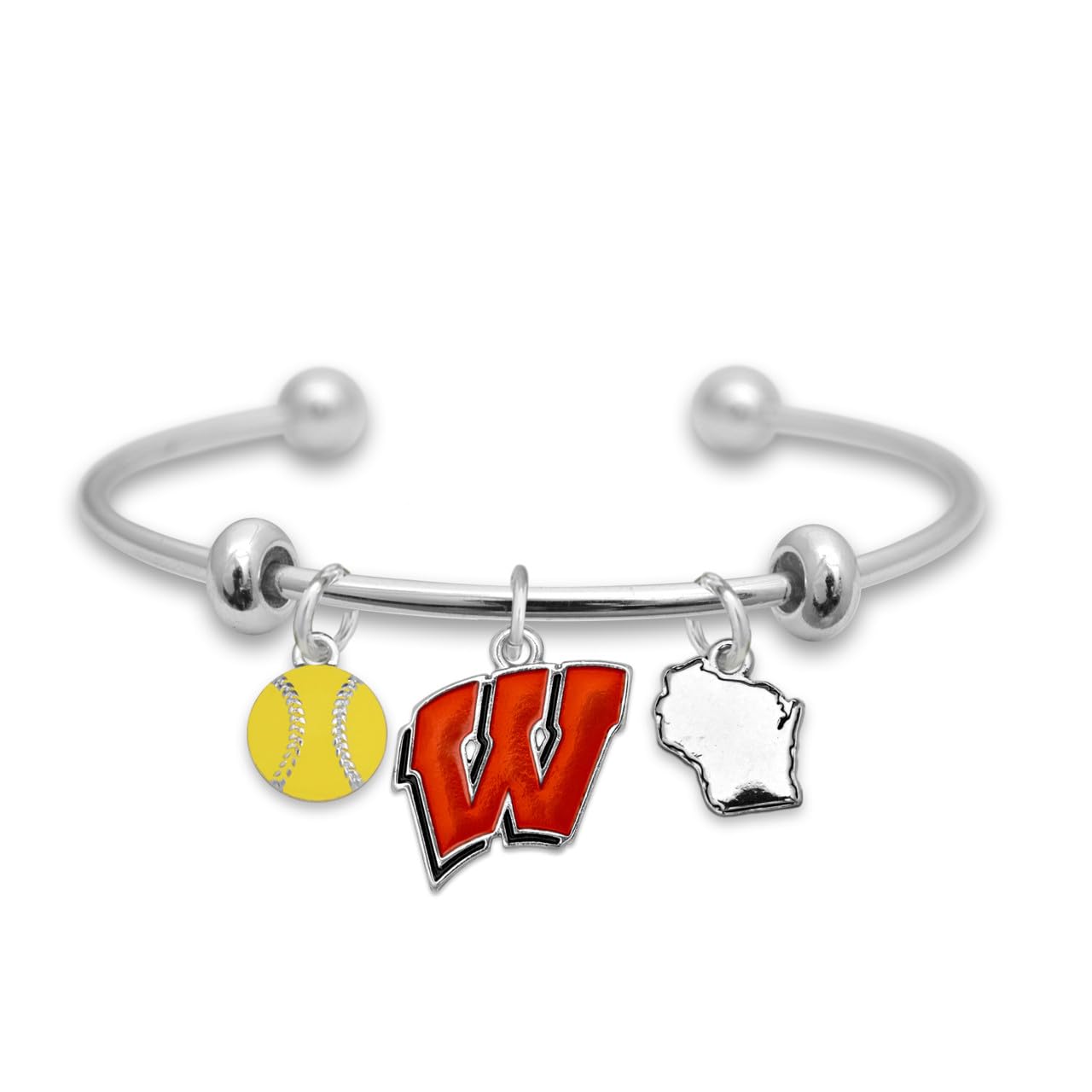 From the Heart Wisconsin Softball Accent Charm Team Traditions Cuff Bracelet with Team Color Logo, Softball and State Accent Charm Officially Licensed Jewelry Fan UW