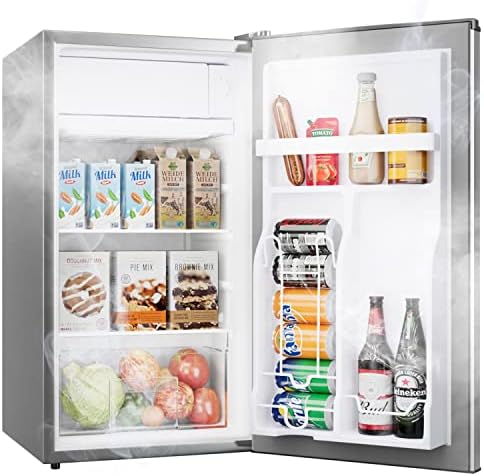 Manastin 3.2 Cu. Ft Mini Fridge with Freezer for Bedroom, Dorm, Office, Energy Star Compact Refrigerator with Adjustbale Thermostat, Removable Glass Shelves and Reversible Door (Silver)