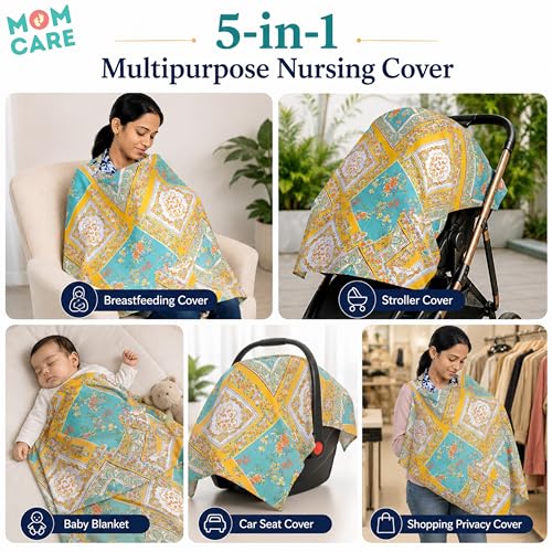 Image of MOM CARE Cotton Nursing Cover for Breastfeeding | Feeding Apron for Baby Feeding Privacy Cover | Adjustable Breastfeeding Cover for Moms | Stroller & Car Seat Cover | Multicolor
