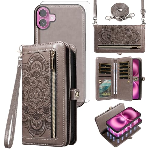 Coque iPhone 16 Plus avec portefeuille amovible à fermeture éclair et porte-cartes Mandala