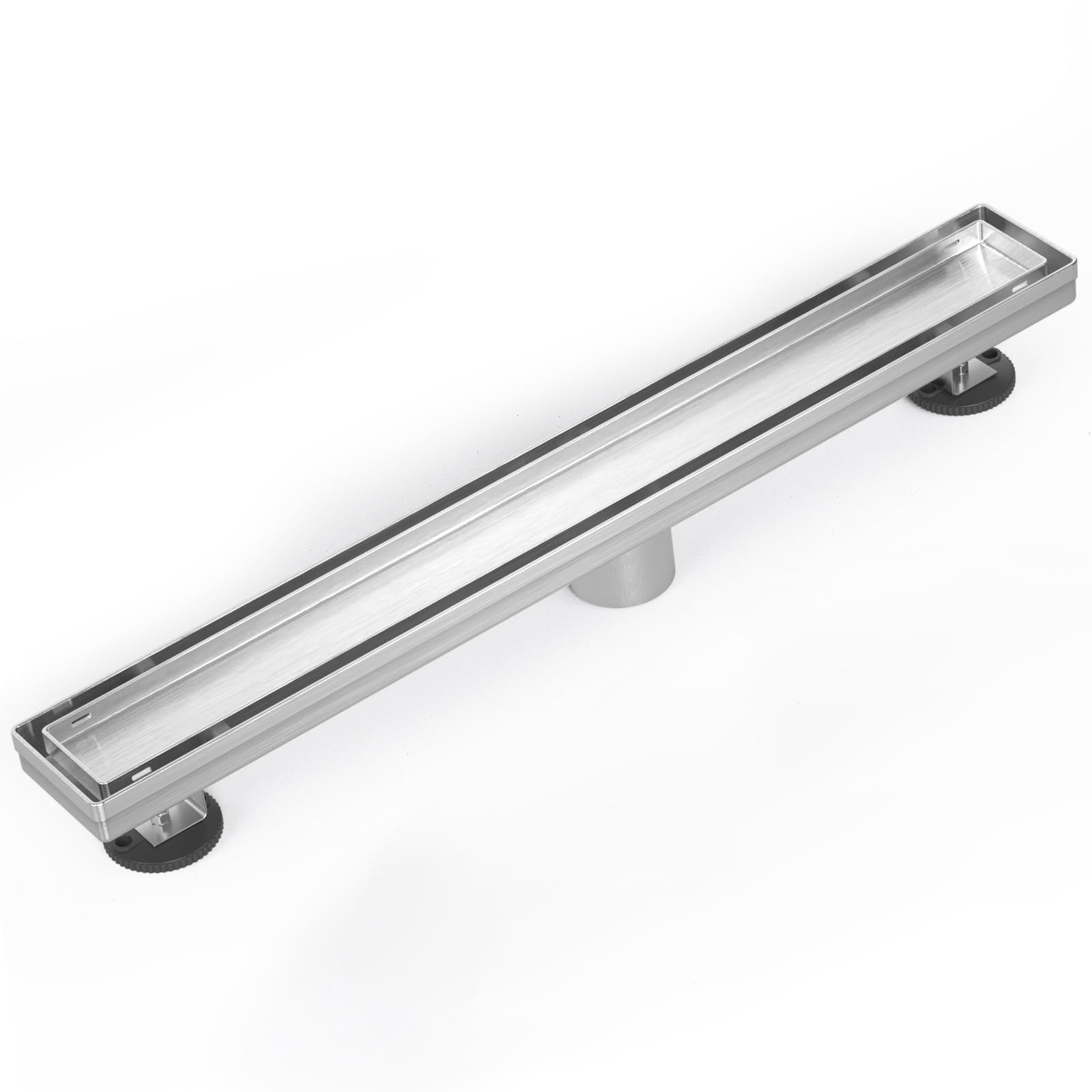 EXF Linear Shower Drain 30 Inch Tile Insert, Brushed Stainless Steel Rectangle Shower Floor Drain Cover with Hair Catcher, Adjustable Feet