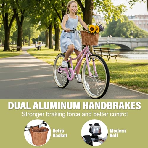 Image of WEIZE Beach Cruiser Bike, 24 Inch Kids Bike with Basket and Kickstand, Retro Style Childrens Bicycle for Teen Girls, Lightweight Steel Frame, Pink