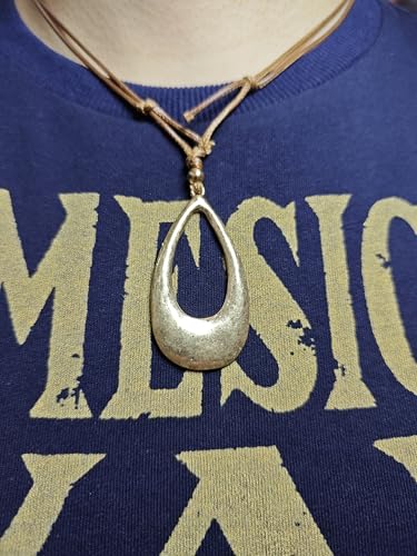 Boho Vintage Style Necklace Gold Tone Cord Chain Teardrop Circle Pendant Adjustable Choker4