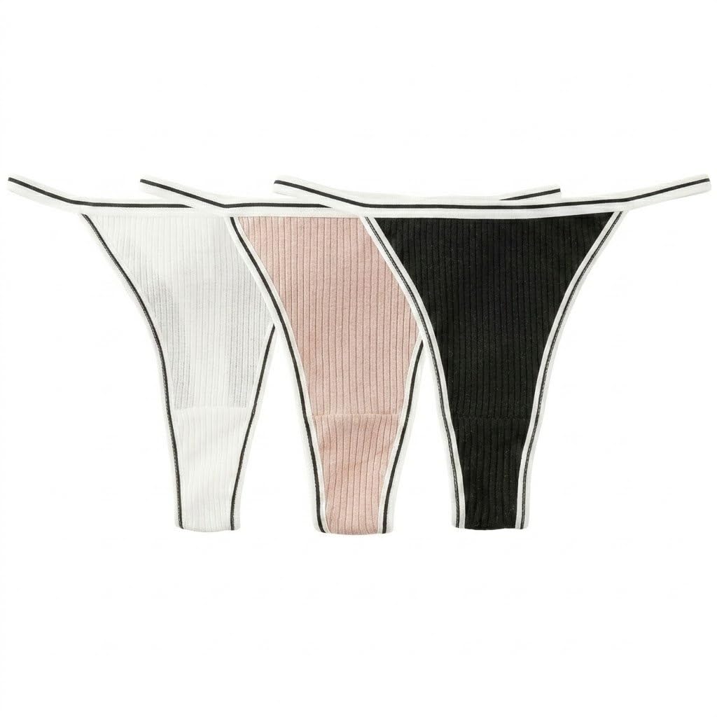 Women's Ribbed Thong Panties, 3-Pack, White, Pink and Black, Contrast Trim | Free Size-picture-39