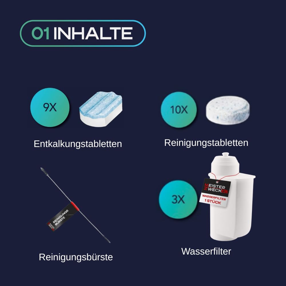 Pflegeset für Siemens: Reinigungstabletten (1x 10 St.), Entkalkungstabletten (3x 3 Stk.), Wasserfilter-Alternative (3 Stk.) und Reinigungsbürste, geeignet für Siemens EQ Kaffeevollautomaten
