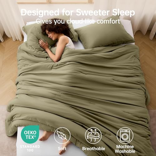 Image of MUXHOMO King Size Comforter Set, All Season Ultra Soft Down Alternative Bedding - 3 Piece Lightweight Bed Set Includes 1 Comforter (104 inchx90 inch) and 2 Pillow Shams (20 inchx36 inch), Olive Green