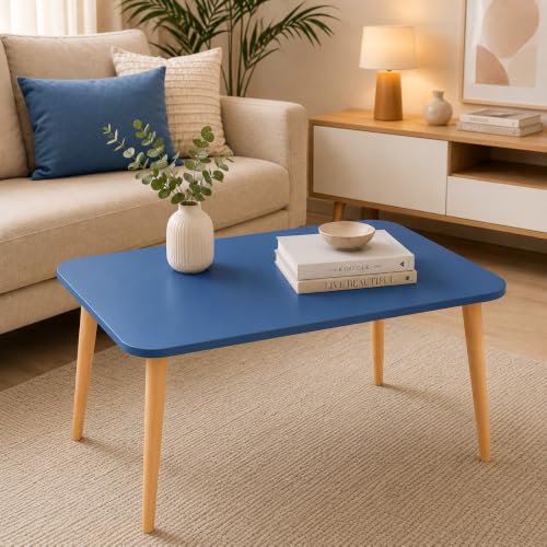 Image of Wooden Foldable Coffee Table - Rectangular Center Tea Table for Living Room & Bedroom, Easy Assembly with Solid Wooden Legs (Blue)