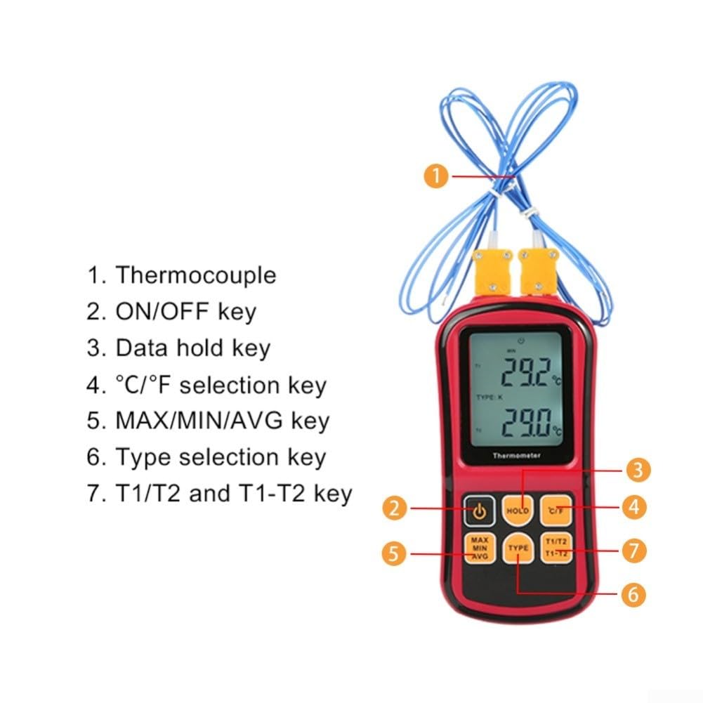 Termometro digitale a termocoppia K J T E R S N tipo doppio canale display LCD per GM1312 con funzioni MAX MIN AVG da -50 a 300 gradi C rosso