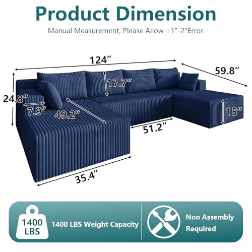 Image of 124 inch U-Shape Cloud Couch, Modern Modular Sectional U-Shape Sofa, Corduroy Boneless Couch Upholstered Couches Deep Seat Sleeper Chaise Longue for Living Room, No Assembly Required,Blue