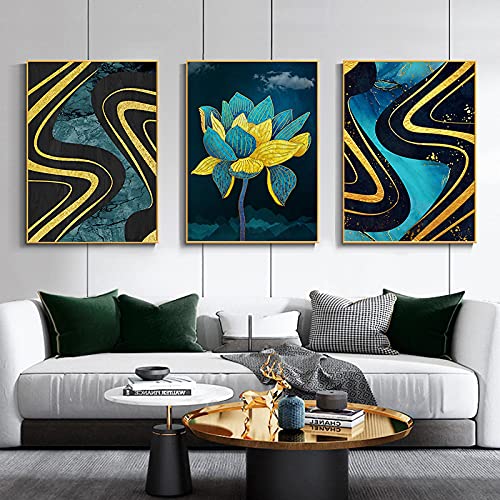 Affiche abstrait marbre turquoise fleurs dorées triptyque 60x90cm