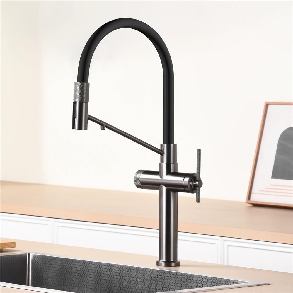 QHQQXN Rubinetto da Cucina Moderno Estraibile in Ottone, Acqua Calda e Fredda, Pistola a spruzzo a 2 funzioni, Finitura Grigia, connessione G3/8, Perfetto per lavelli Moderni e Uso efficiente