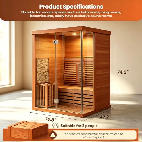 Image of Smartmak Indoor Steam Sauna, 3-Person Home Wooden Sauna, Wi-Fi Control, Premium Red Cedar, 6KW Harvia Stove