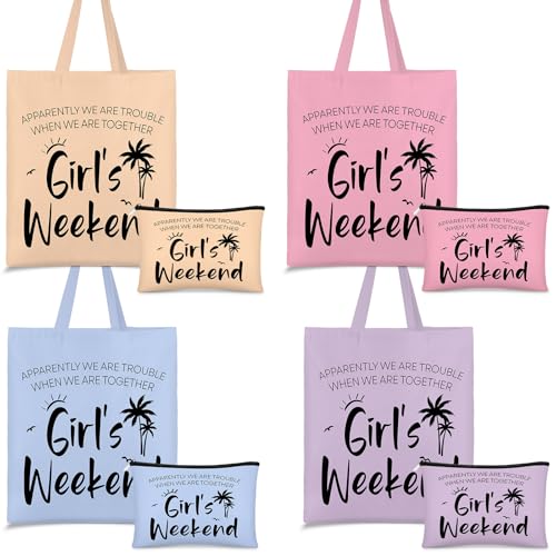 Paterr 8 Pcs Girls Weekend Gifts Includes 4 Makeup Bag Girls Trip Gifts 4 Weekend Tote Bag Travel Favors for Women Summer Cosmetic Zipper Pouch Wedding Birthday Bachelorette Party(Stylish Color)