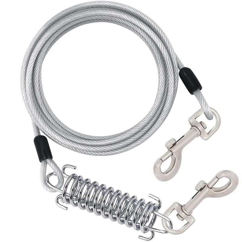 Heavy Duty Dog Tie Out Cable, Outdoor Dog Leash with Spring, No Tangle, Dog Runner for Yard Steel Wire Dog Cable with Durable Superior Clips Dog Chains Lead for Outside Large Dogs, Silver(2m/6.5 Ft)