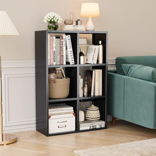 Image of VASAAOSD 6 Cube Storage Organizer - Metal Bookshelf, Black Cube Shelf, Deep Cube Shelving with Corner Protector, Toy Display Bookcase for Living Room, Bedroom, Office, Entryway