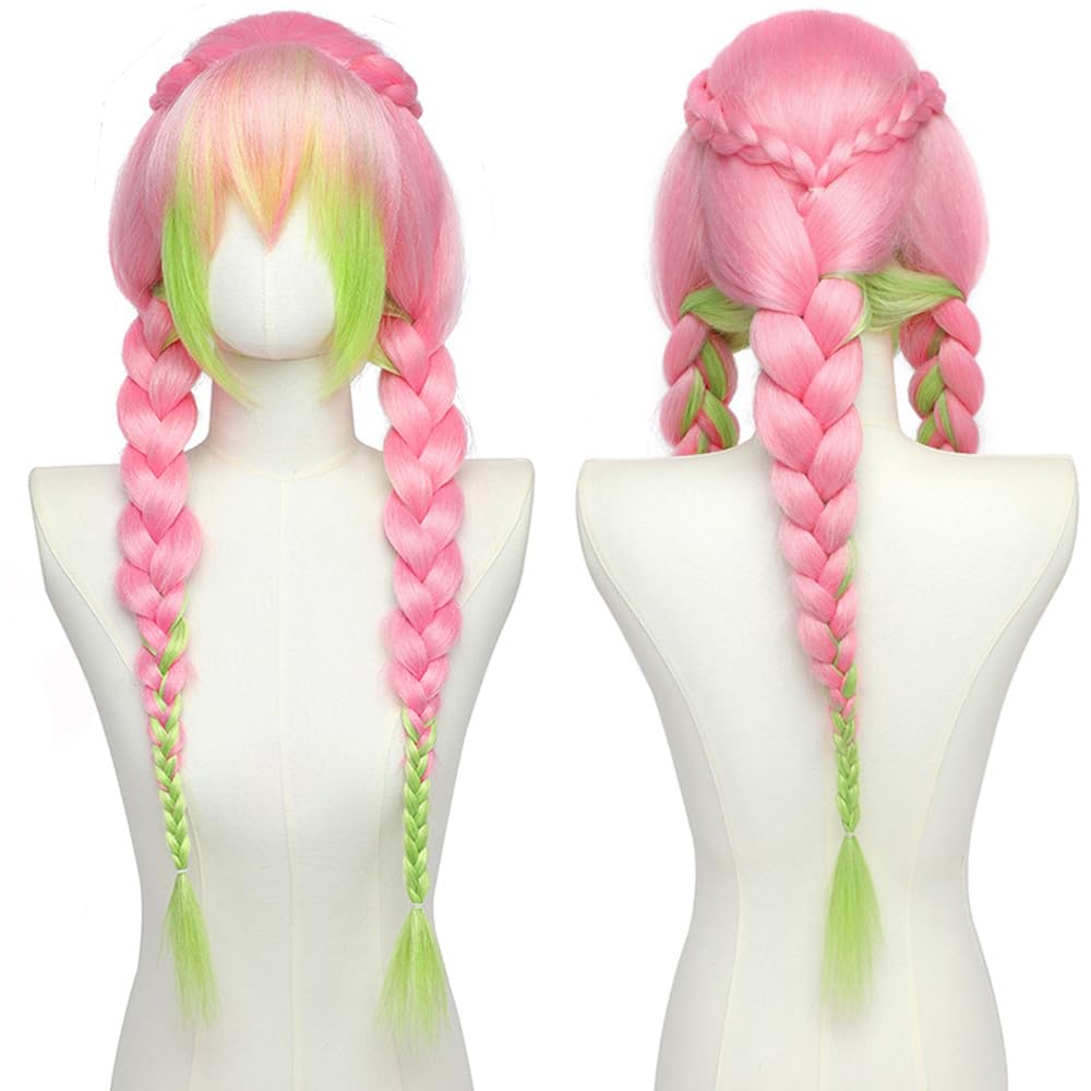 PORSMEER Anime Pink and Green Wig for Mitsuri Cosplay Braided Hair Wig with Pigtails Halloween Party, 19.6'' - 23.6''