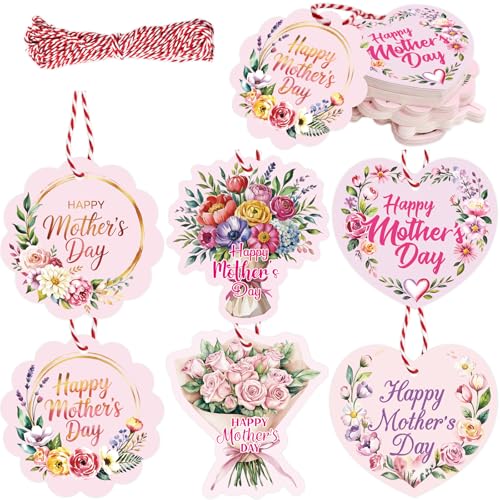 Treasure Cove Mothers Day Tags Happy Mothers Day Paper Gift Tag Heart Hanging Label with String Floral Best Mom Gift Wrap for Birthday Treat Bags Wrapping Party Favor Supplies 60Pcs