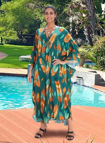 Image of Yanziliu Kaftan Dress for Women,Plus Size Hawaiian Batwing Sleeve Beach Cover Up Summer Swimsuit Dresses