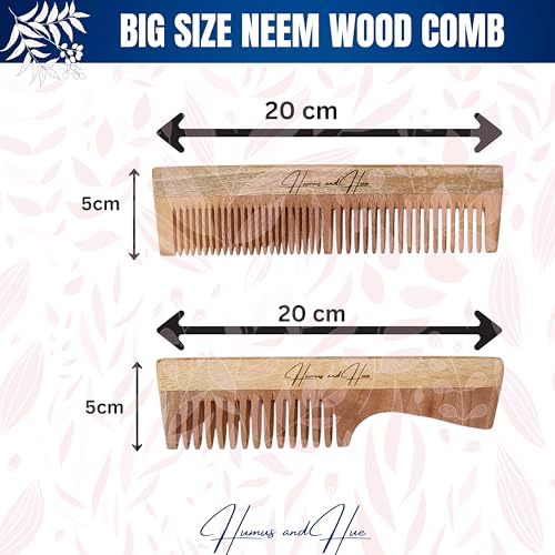 Image of Humus & Hue Premium Oil Treated Kachhi Neem Wooden Comb Set Pack of 2, Neem Comb for Hair Growth, Hair fall & Dandruff Control, Detangling comb, anti static Wooden Hair Comb for Women and Men | Dual & wide tooth comb handle