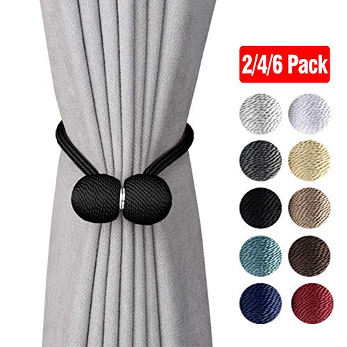 DEZENE Magnetic Curtain Tiebacks,The Most Convenient Drape Tie Backs,2 Pack Decorative Rope Holdback Holder for Big,Wide or Thick Window Drapries,16 Inch Long,Black