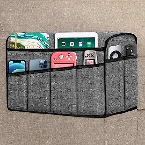 Naturoom Armrest Covers Couch Arm Cover Sofa Armrest Chair Protector Faux Linen Slipcover Recliner Armchair Caddy with 8 Pockets Bottle Holder for TV Remote Holder, Set of 2 Grey Cover