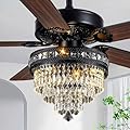 Crystal Chandelier Ceiling Fan with 3-Light, Farmhouse Fandelier with Remote - Silent DC Motor, K9-Crystal, Wood Blades, 3-Speed and Timing, Energy-Efficient Ceiling Fans for Living Room (52" Black)