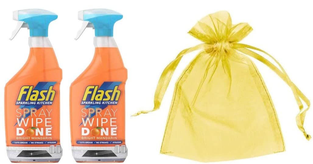 Generic Flash Sparkling Kitchen Spray Wipe Done, Trigger Spray, Pack of Two, 2 x 800ml, Bright Mandarin Scent + Our Gift for You - Organza Bag Size 9 x 7 x 0.1 cm
