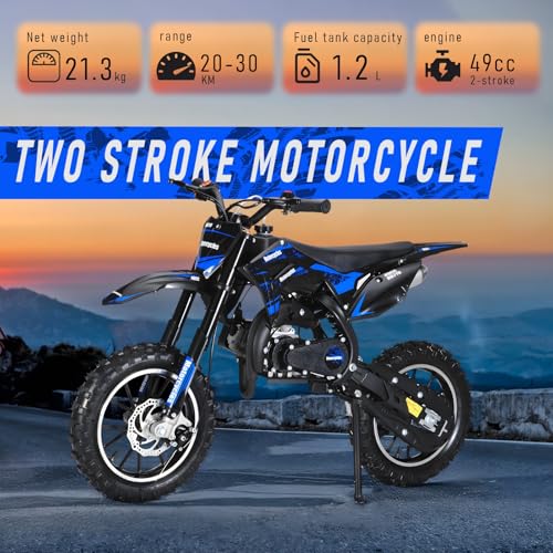 Image of 50CC Kid Dirt Bike, Gas Powered Mini Motorcycle for Kids 8-14 | Up to 35 MPH, 330LBS Capacity with Front & Rear Disc Brakes, 10-Inch Off-Road Tires, Pull Start for Youth & Adults Blue