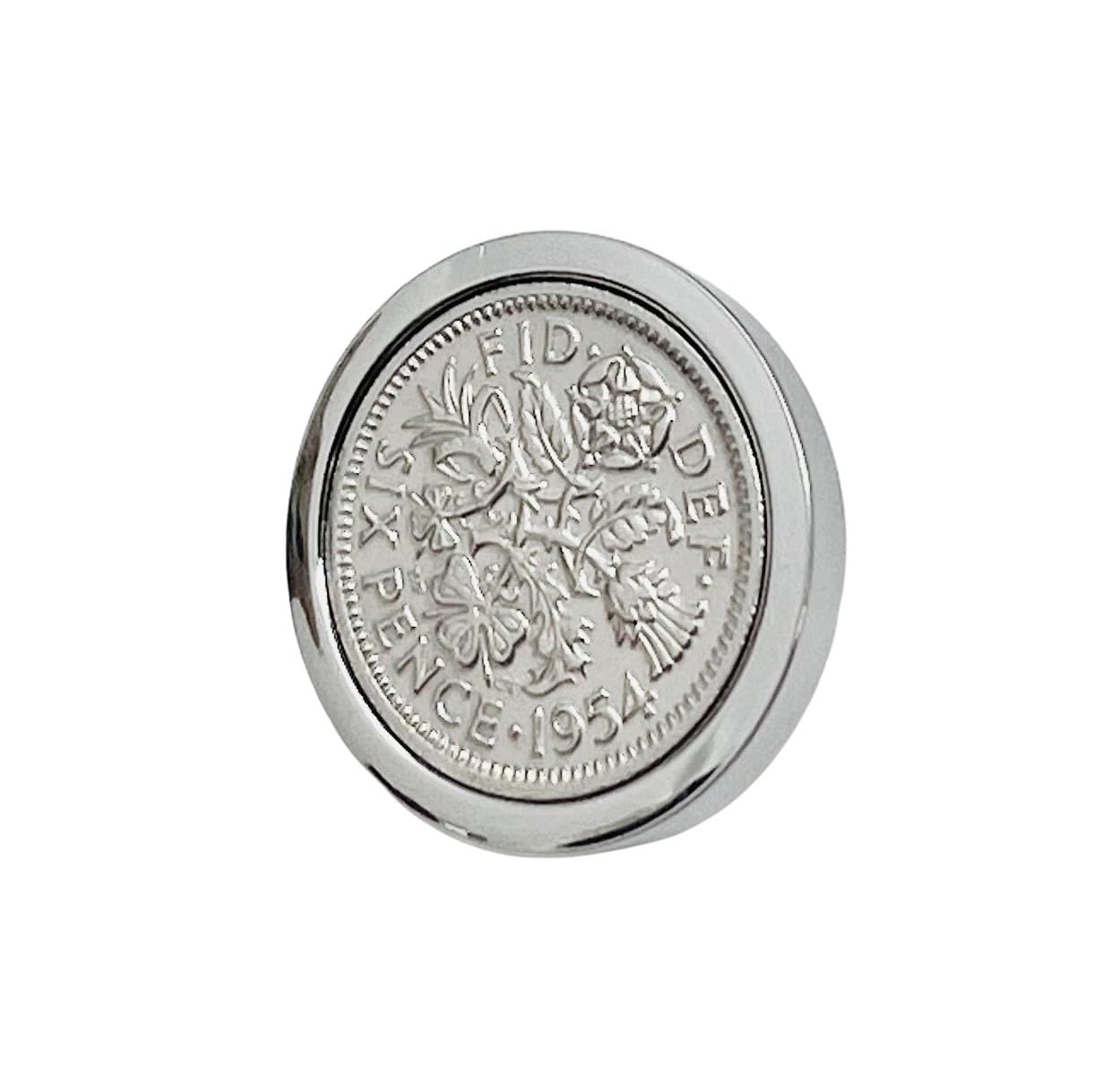 Genuine Polished 1954 Sixpence in Lapel Pin | 1954 anniversary, 71st birthday