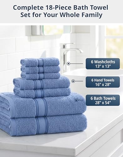 Image of Lane Linen 100% Cotton Luxury Bath Towel Set - 18 Pieces - Zero Twist, Quick Dry, Super Soft & Highly Absorbent - 6 Bath, 6 Washcloths, 6 Hand Towels for Bathroom - Pre Shrunk - Cerulean Blue
